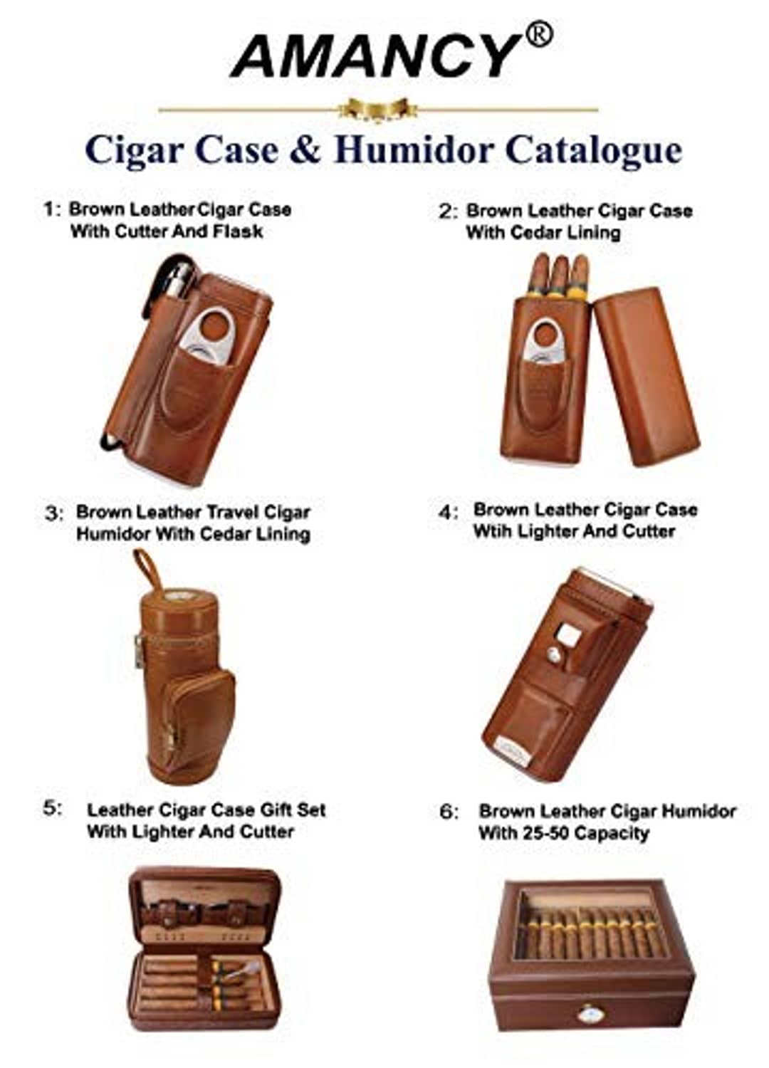 AMANCY cigar case and humidor catalogue page showing brown leather travel humidor set