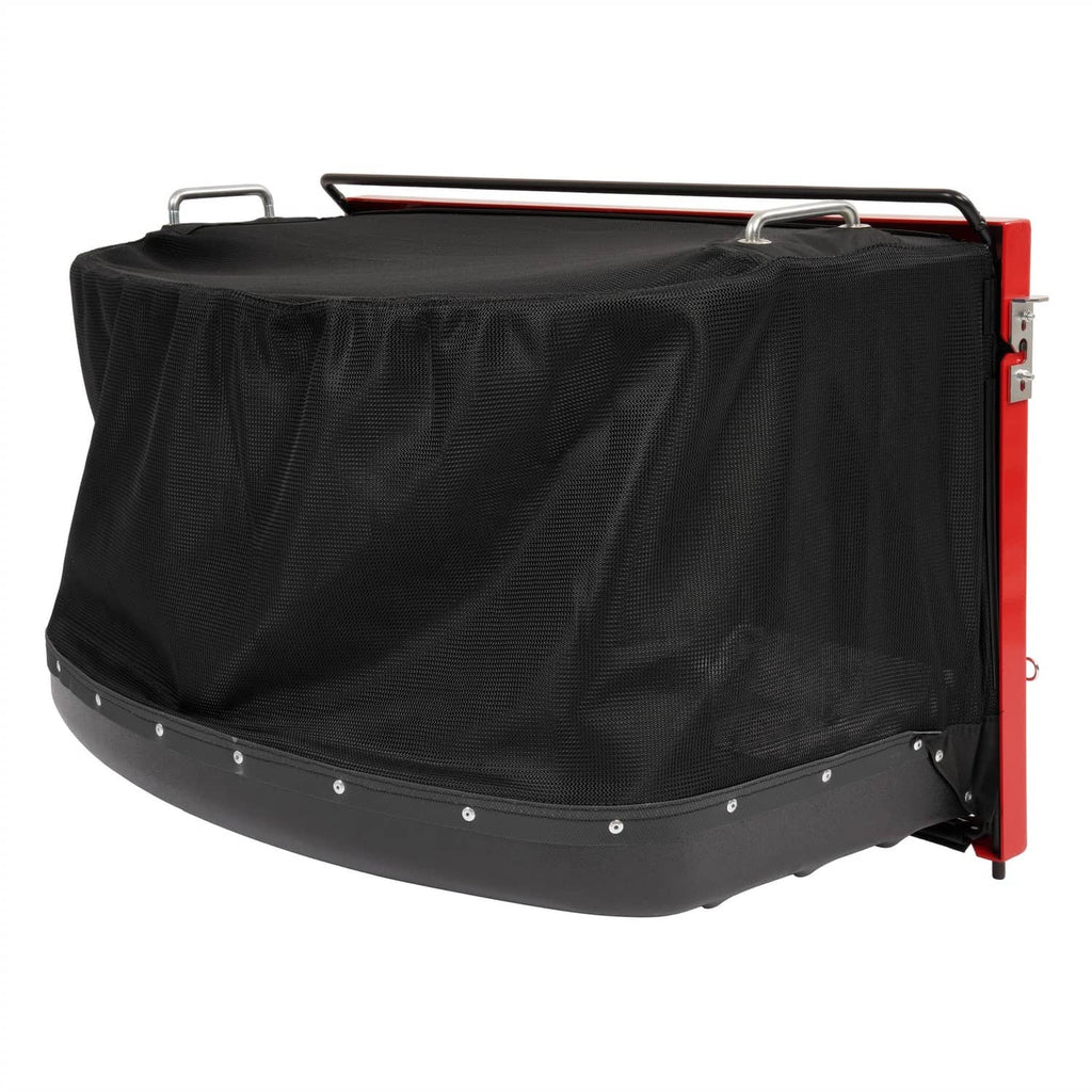 Black grass catcher bag fitted to frame with riveted edge trim and side mount