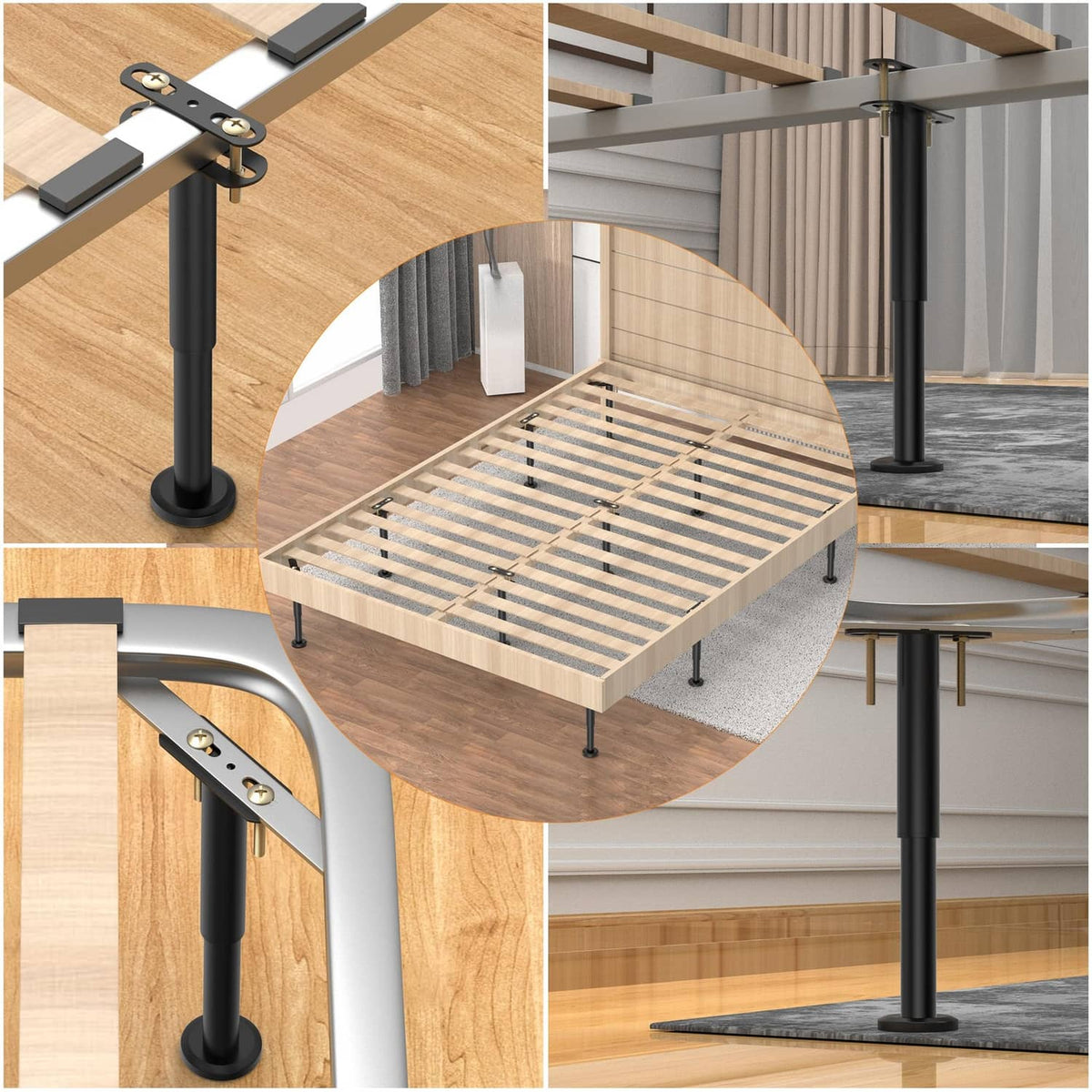 Black bed support legs with brackets installed under a wooden bed frame