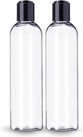 Clear plastic empty bottle with black disc top cap, refillable container