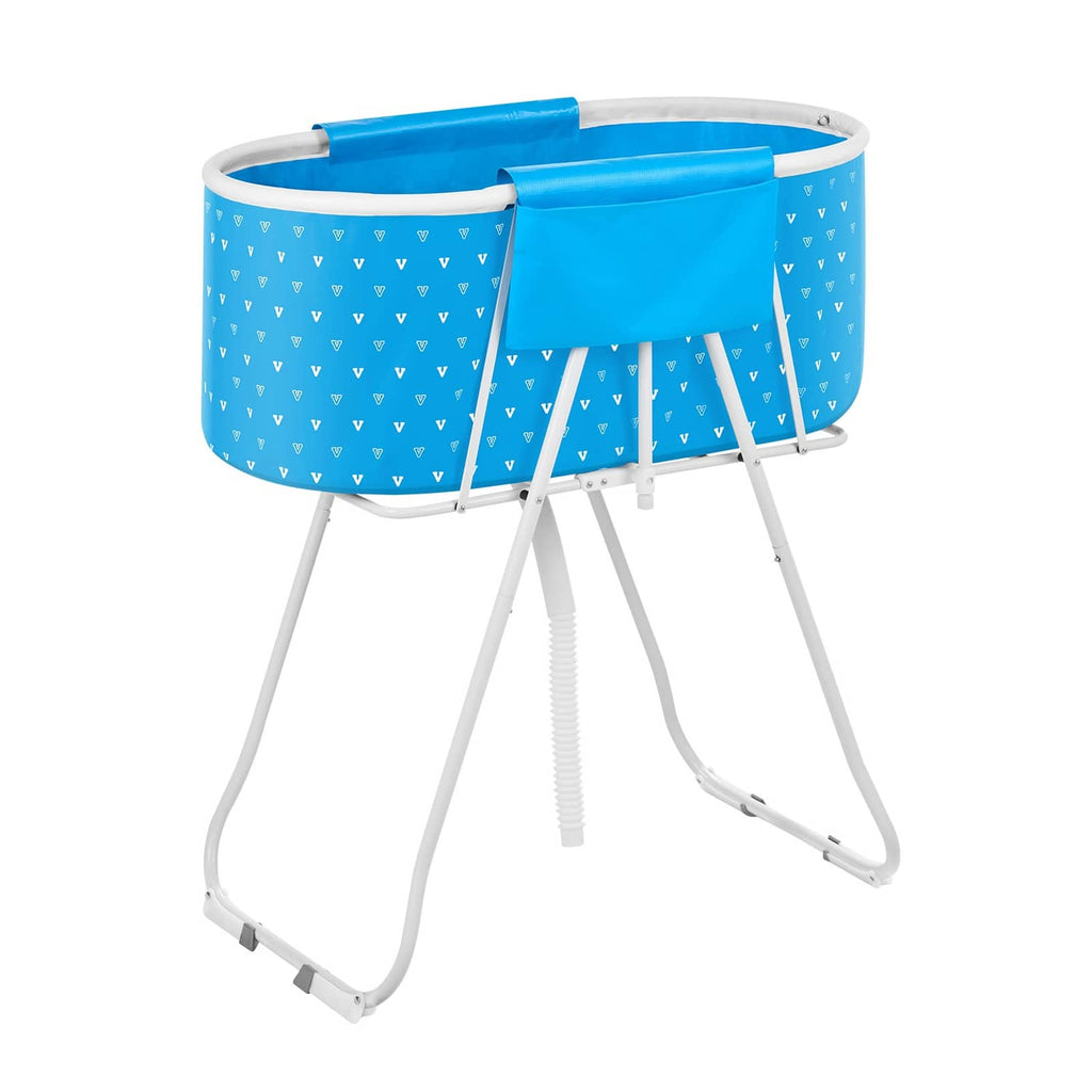 Blue elevated dog bathtub with side guard and white tripod legs
