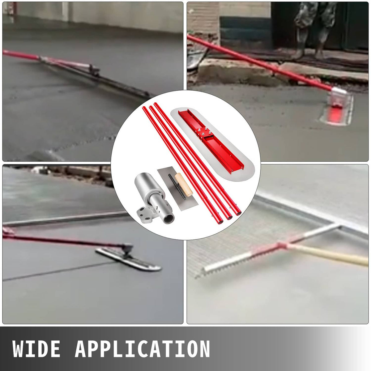 Concrete bull float wide deck with red rods and gray handle bracket hardware