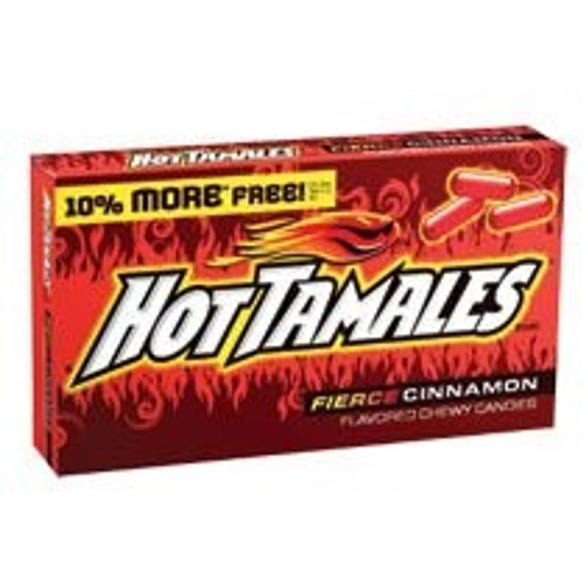 Hot Tamales candy box with fiery red design and Fierce Cinnamon flavor label