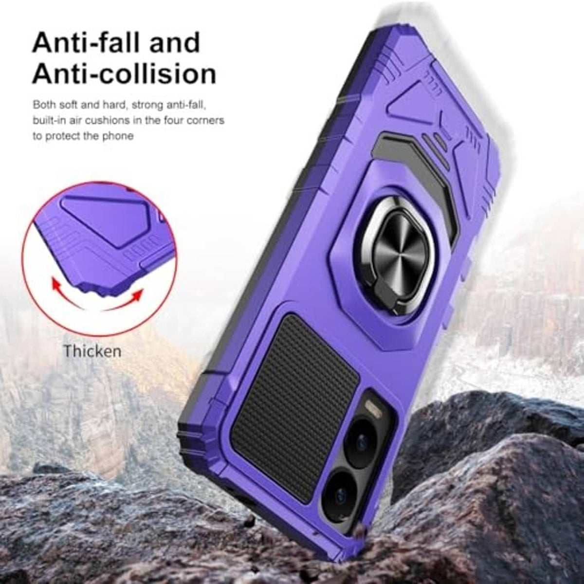 Purple rugged phone case with thick corners, textured back panel, and anti-fall bumper design
