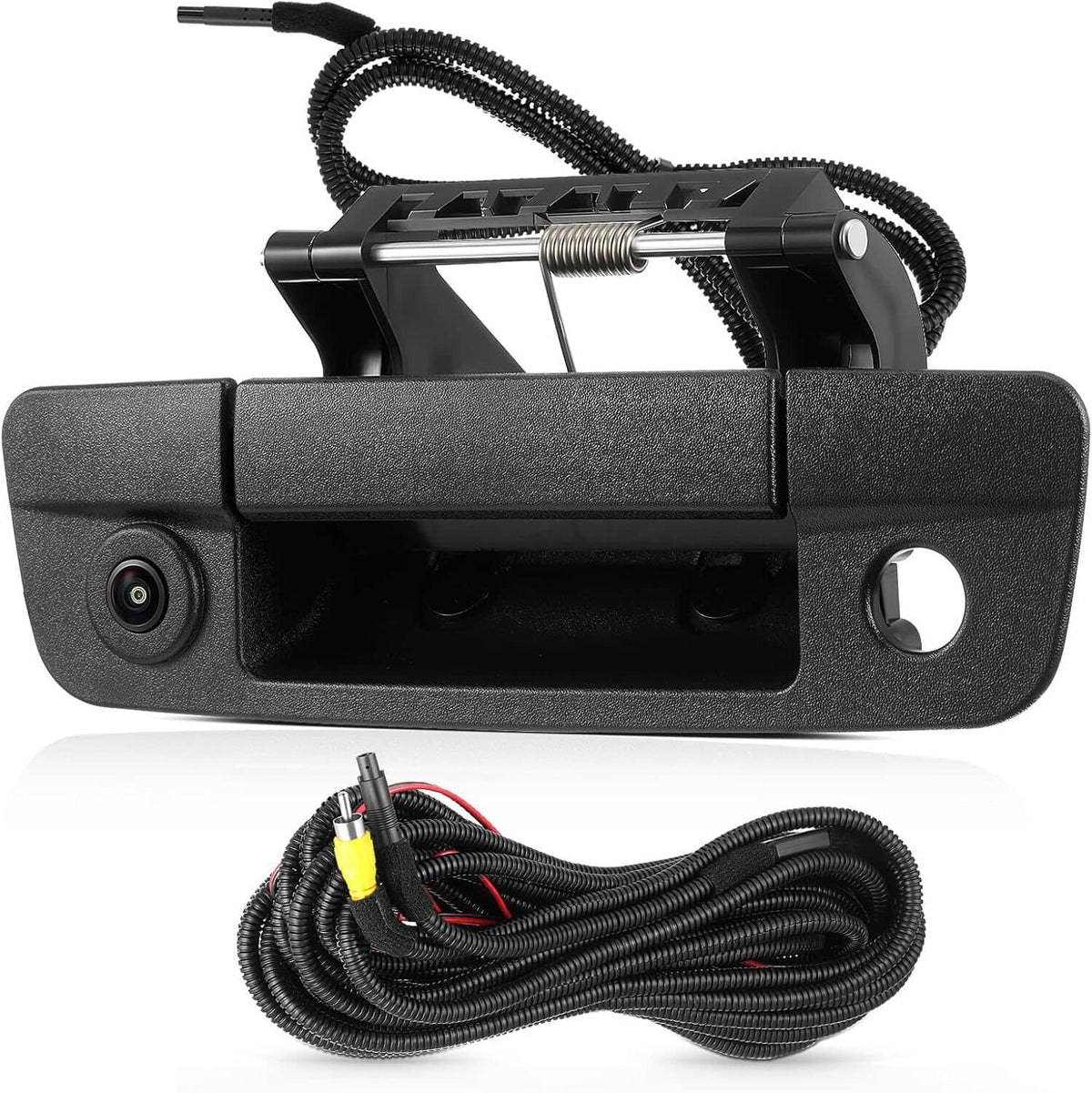 Black rear tailgate backup camera handle with built-in camera and wiring harness