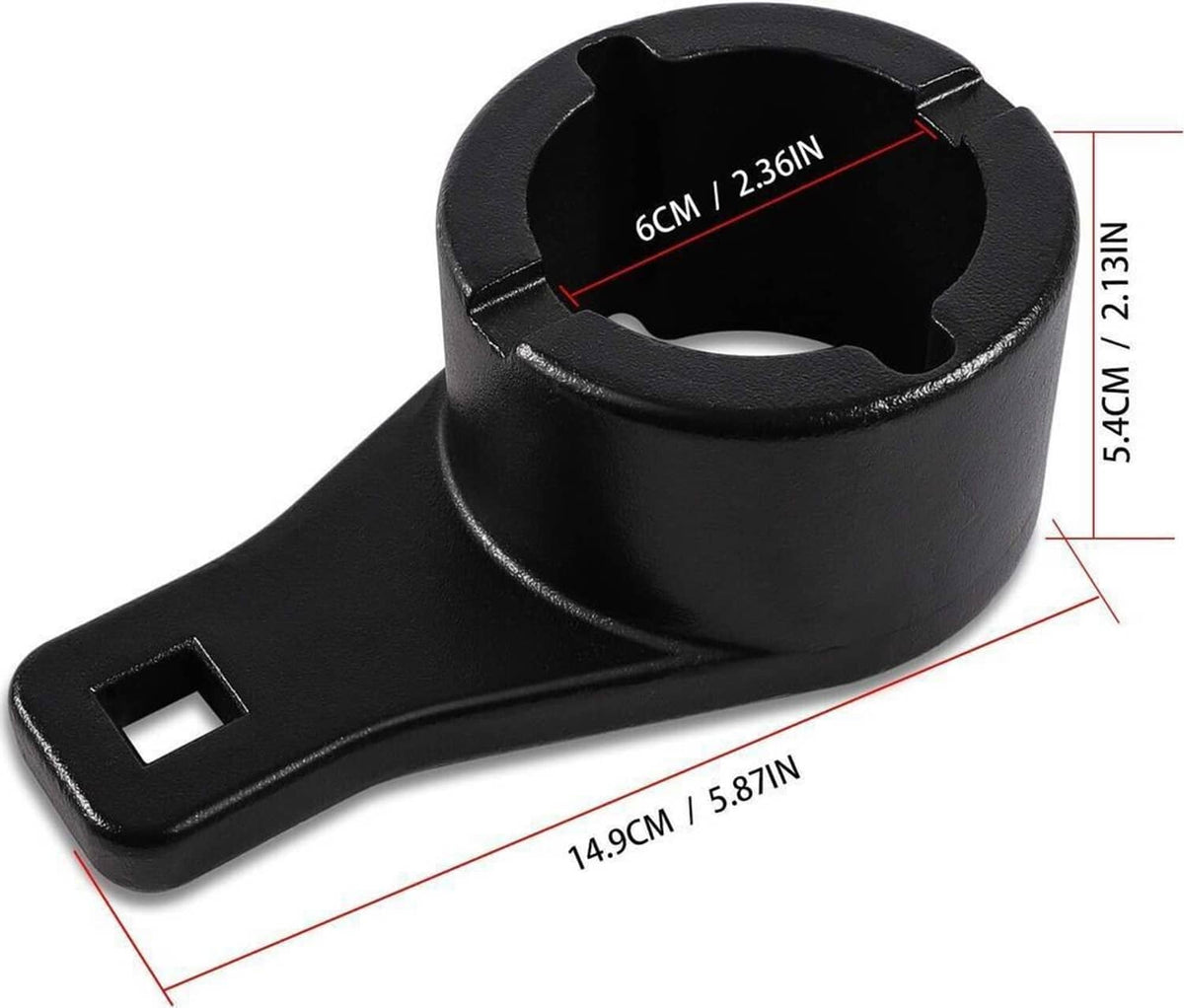 Black crankshaft holding tool with large circular socket and side mounting notch