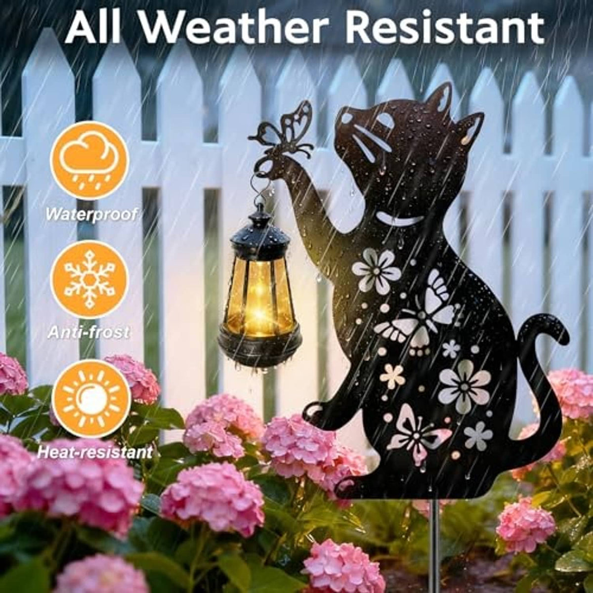 Black cat solar hanging lantern stake with warm light, rainproof outdoor design