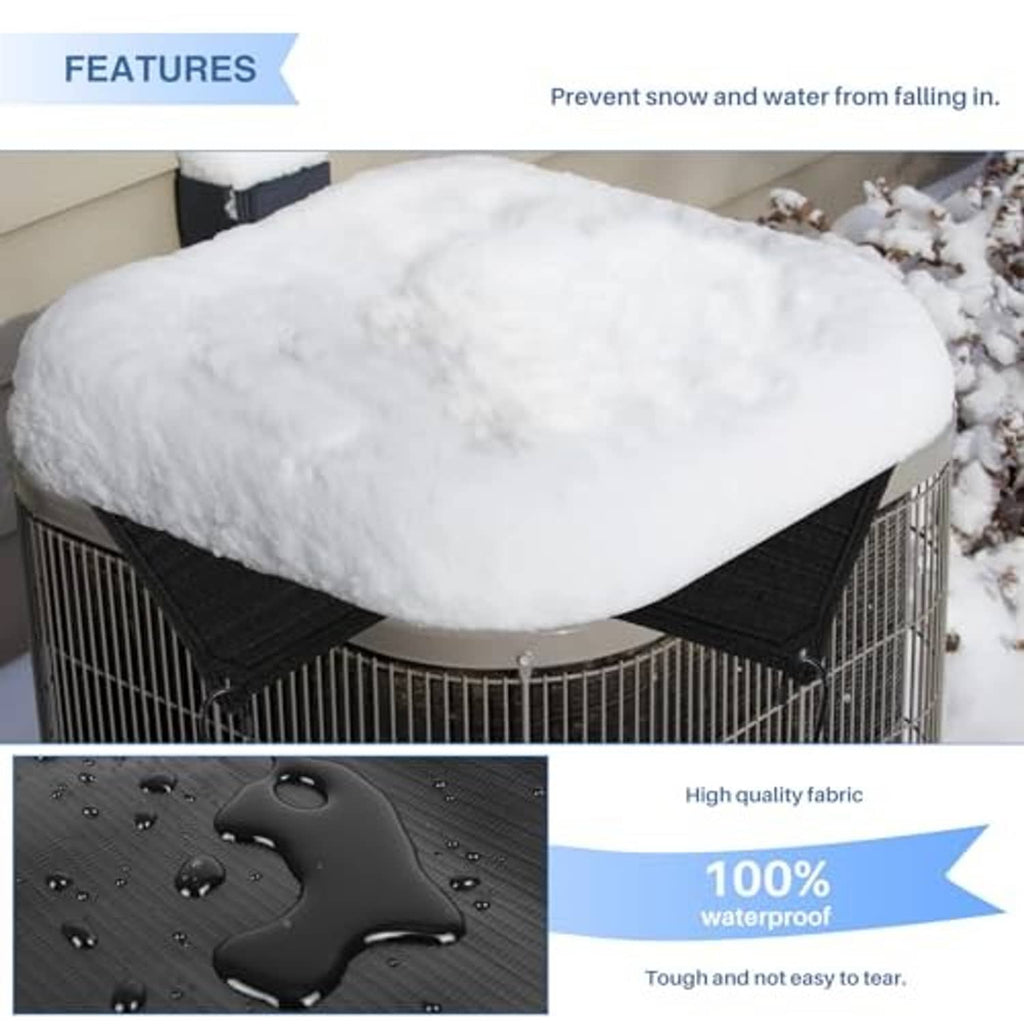 Black waterproof AC unit cover on outdoor compressor with snow and water-repellent fabric
