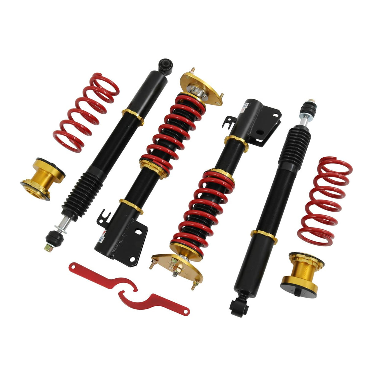 Coilover lowering kit struts with red springs, gold mounts, and black hardware