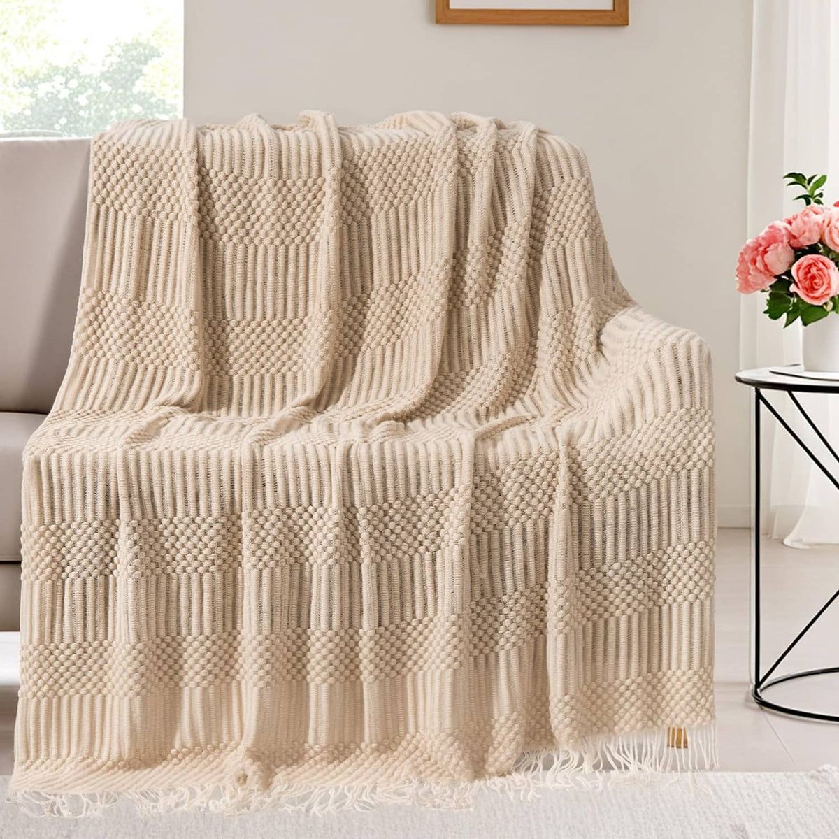 Beige check-pattern knitted throw blanket with fringe tassel edges