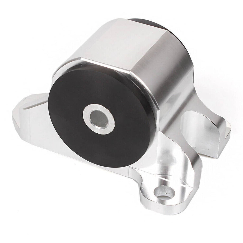 Engine motor mount with black bushing and silver housing, front three-quarter view