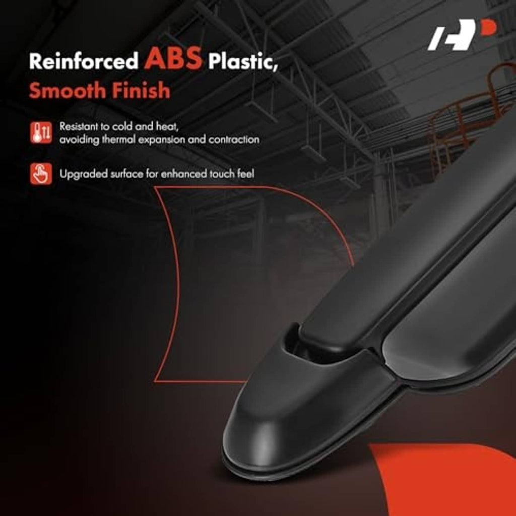 Front right exterior door handle close-up, smooth black finish on rounded base
