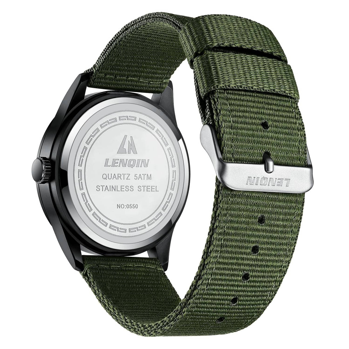 LN LENQIN men's watch with green nylon strap, round case back and branding plate