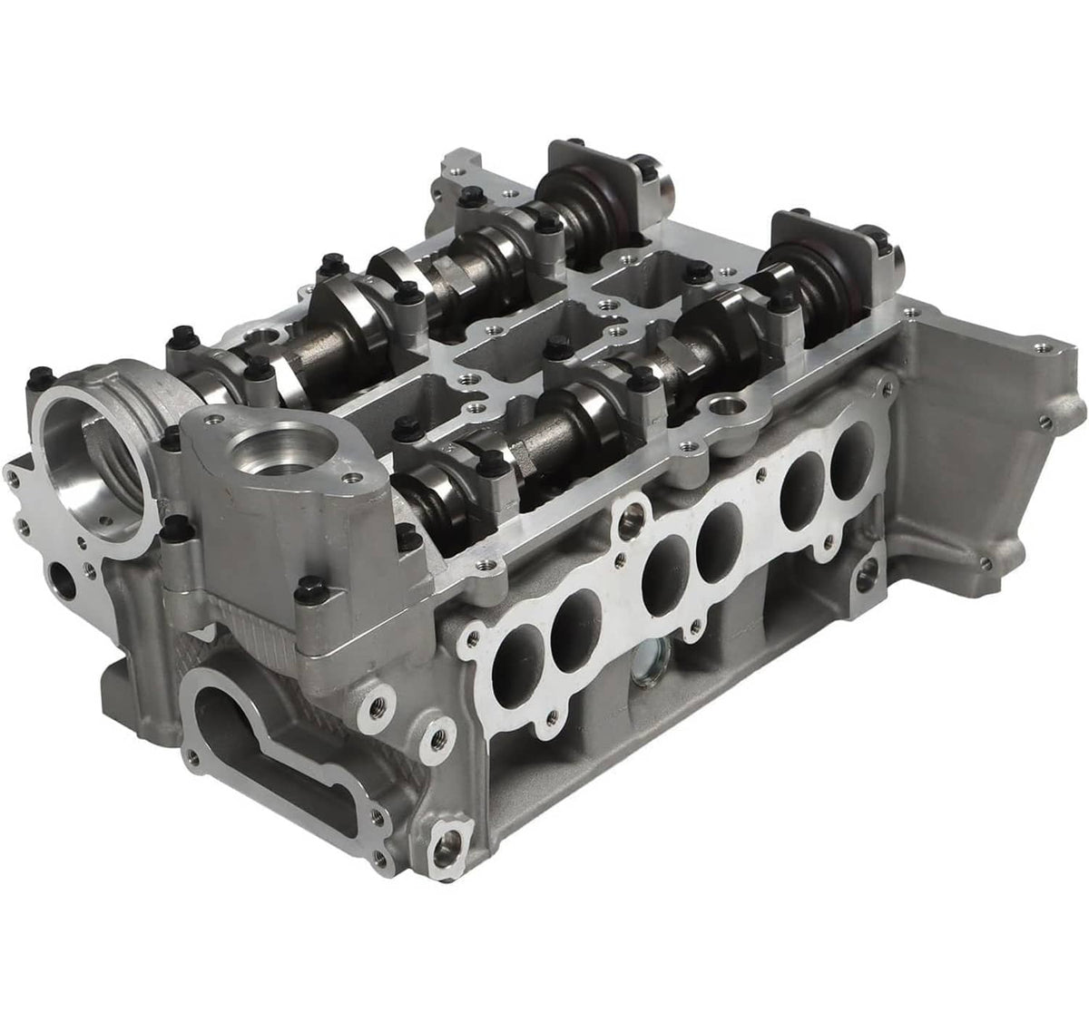 Engine cylinder head with rocker arms, camshaft, and intake/exhaust ports, silver