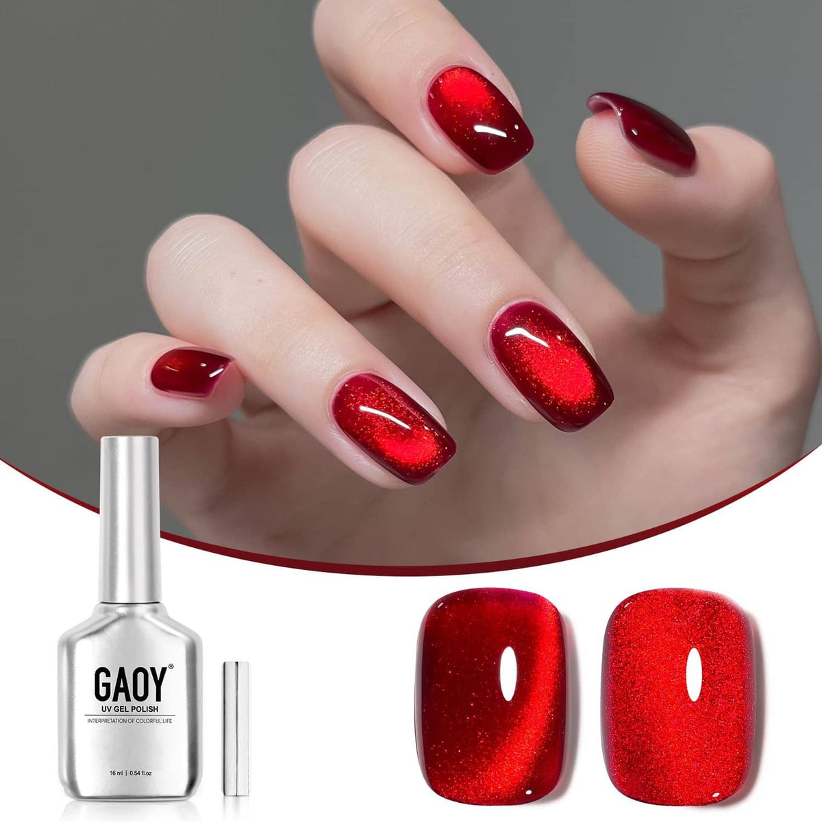 Red cat-eye gel nail polish on fingertips, glossy ruby sparkle finish.