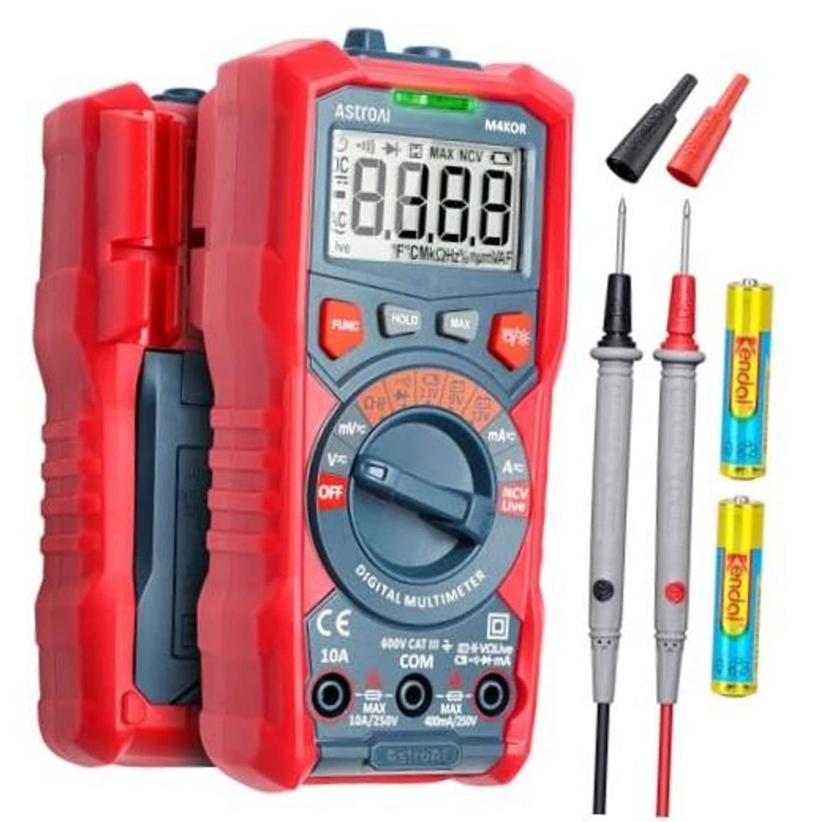 Red digital TRMS multimeter with LCD display and two test leads