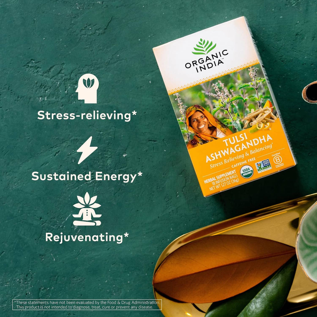 Tulsi Ashwagandha herbal tea box standing angled, with Organic India branding.