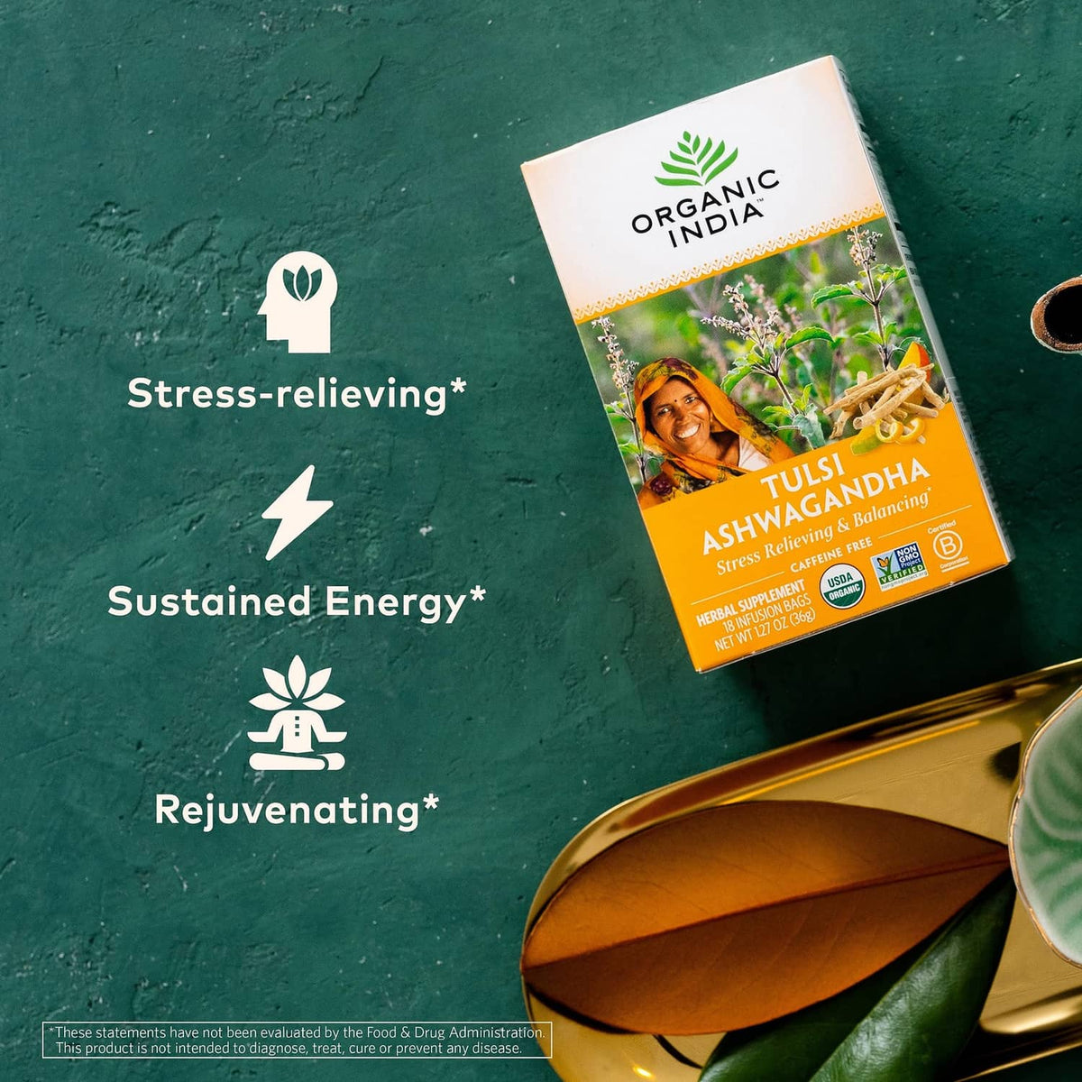 Tulsi Ashwagandha herbal tea box standing angled, with Organic India branding.
