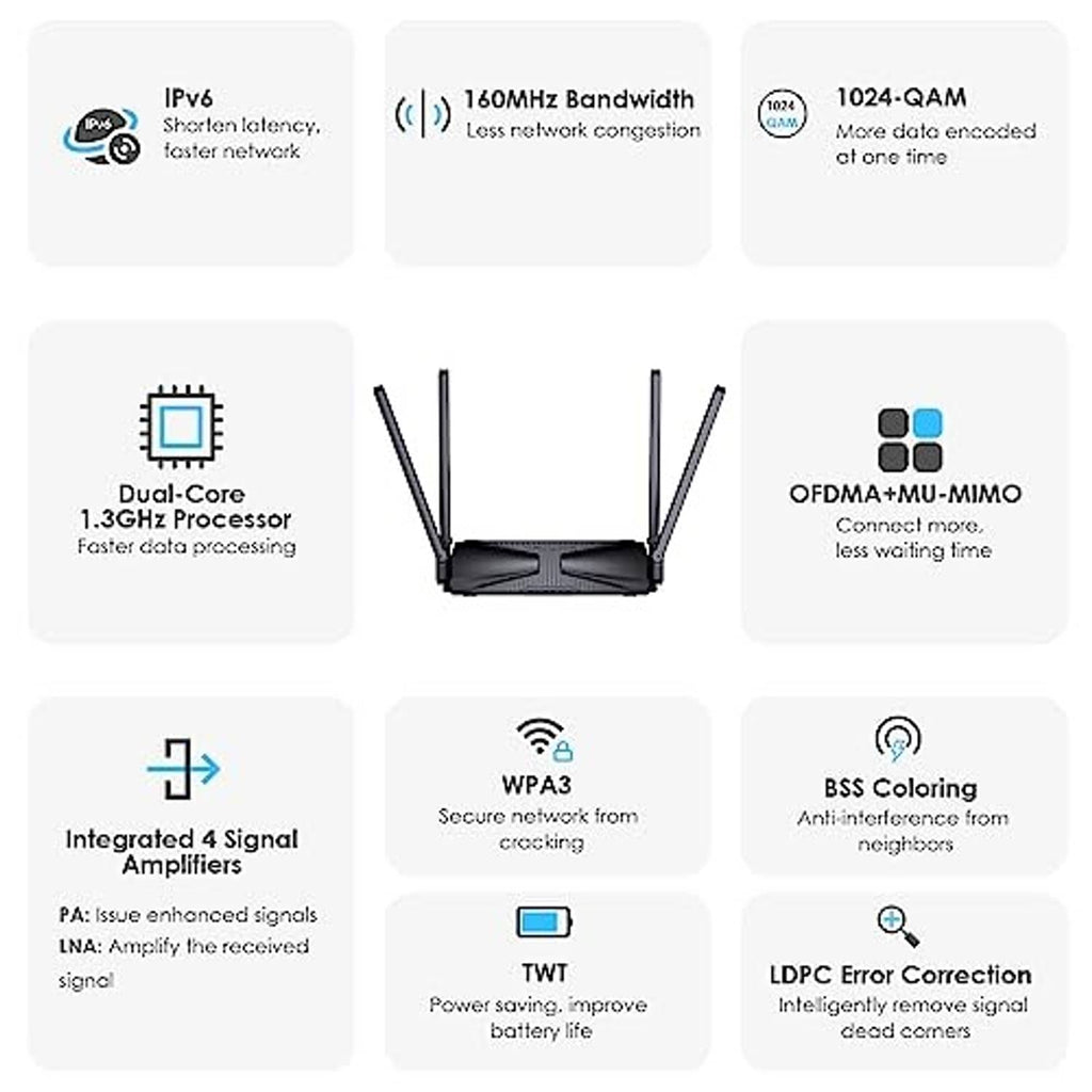 Black WiFi router with two antennas and front LED indicator