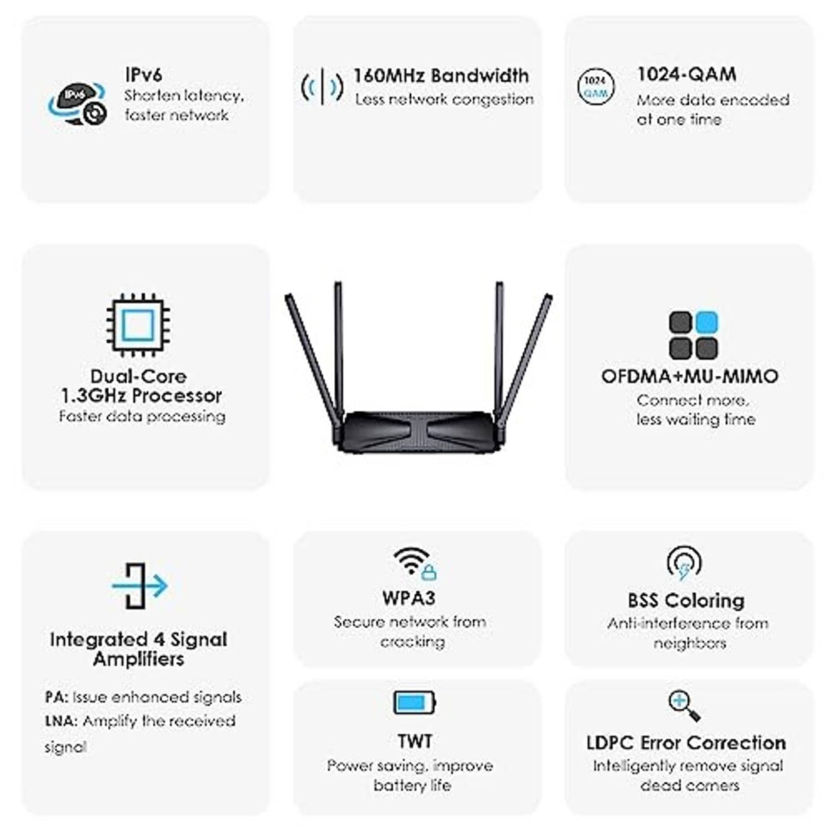 Black WiFi router with two antennas and front LED indicator