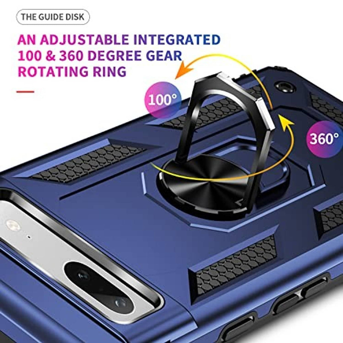 Blue rugged phone case with 360-degree rotating kickstand ring