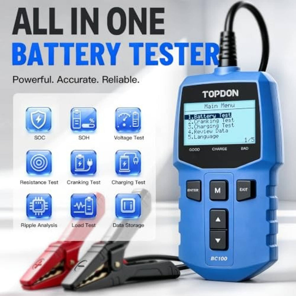 TOPDON battery tester showing menu screen with diagnostic icons and red clamp