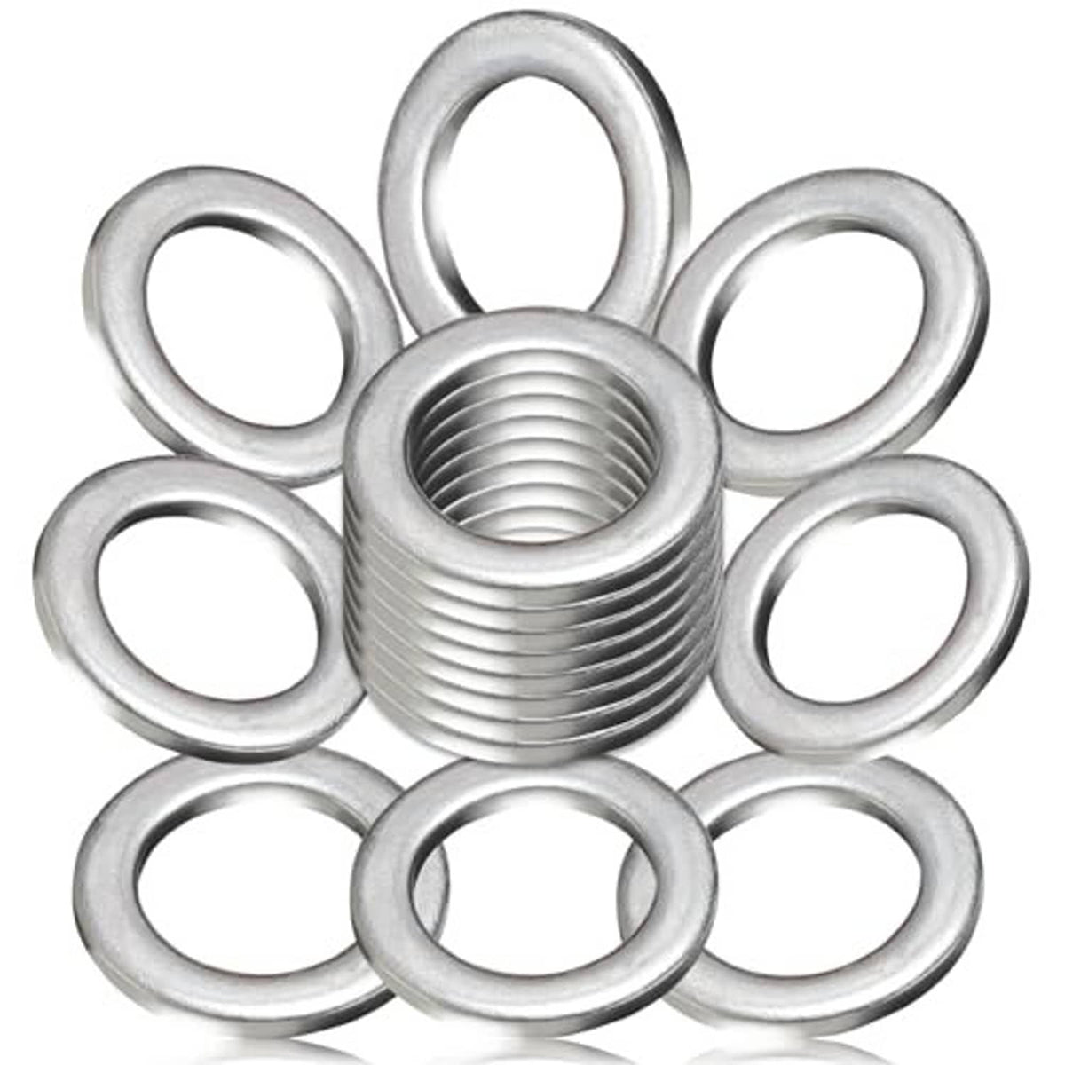 Oil drain plug gasket washers set, silver metal rings with center threaded insert