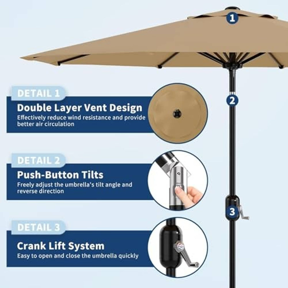 Tan patio umbrella with crank lift handle and tilt sections over black center pole