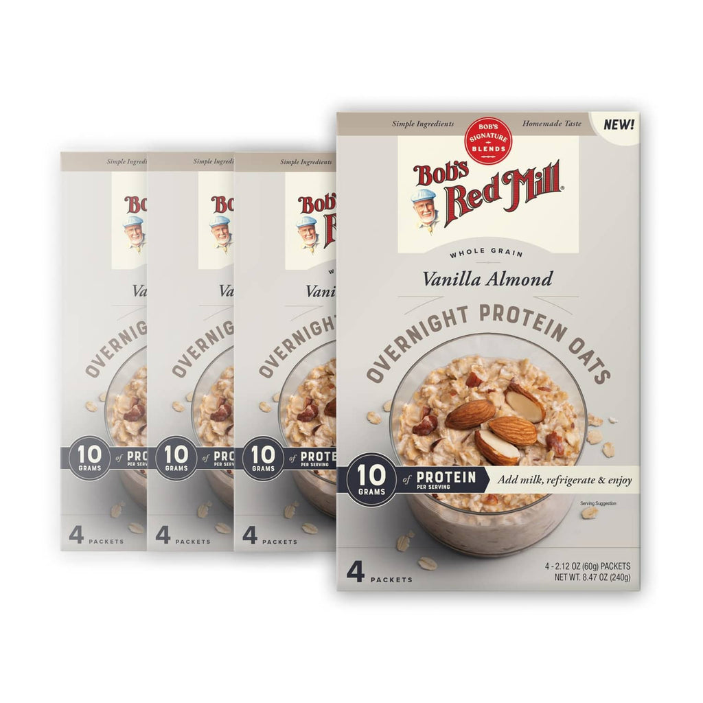 Overnight protein oat packets, vanilla almond, 4-pack—front view with serving icons