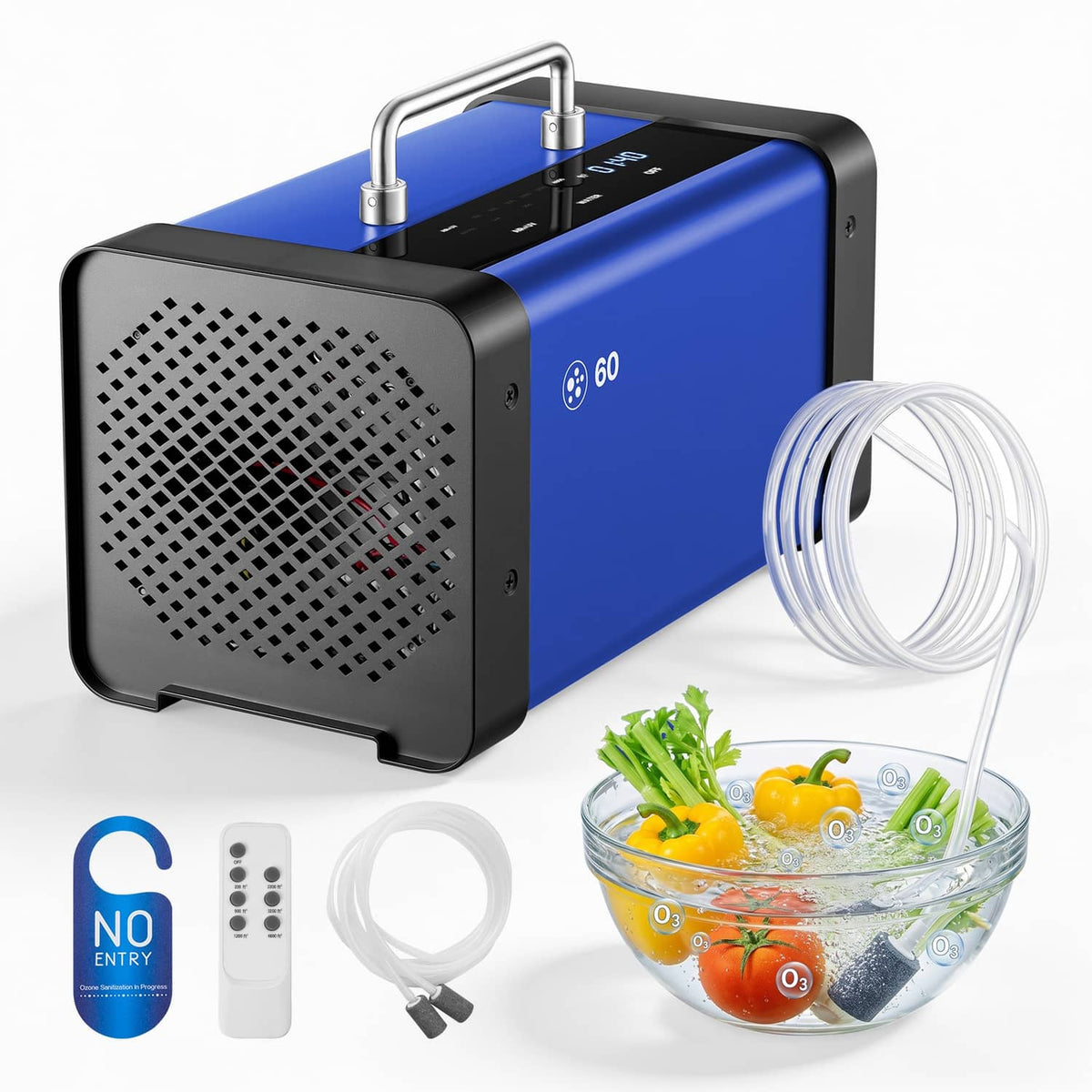 Blue commercial ozone generator with power panel and hose tubing kit