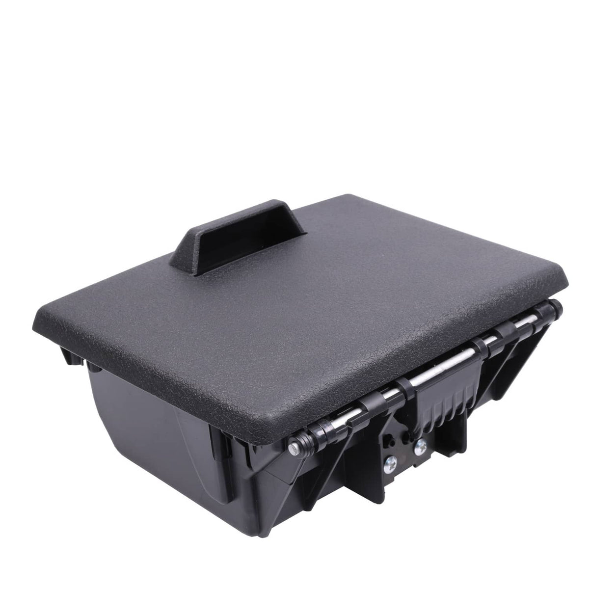 Black front dual cup holder lid with textured top and latch hardware on front module