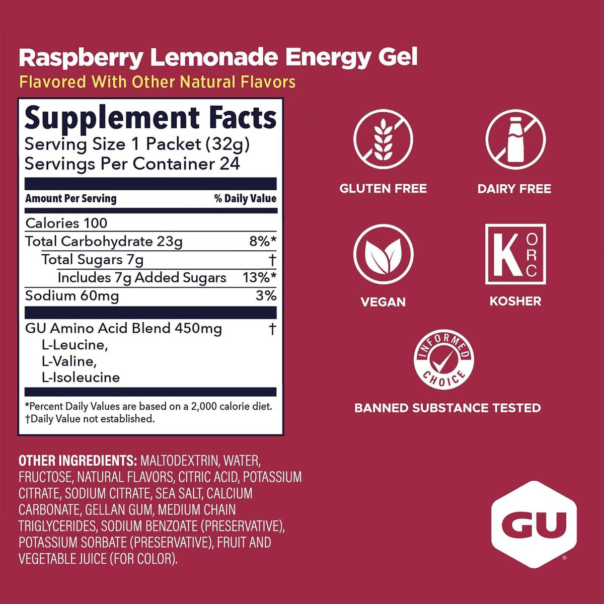 Raspberry Lemonade energy gel supplement facts label: vegan, gluten free, no caffeine