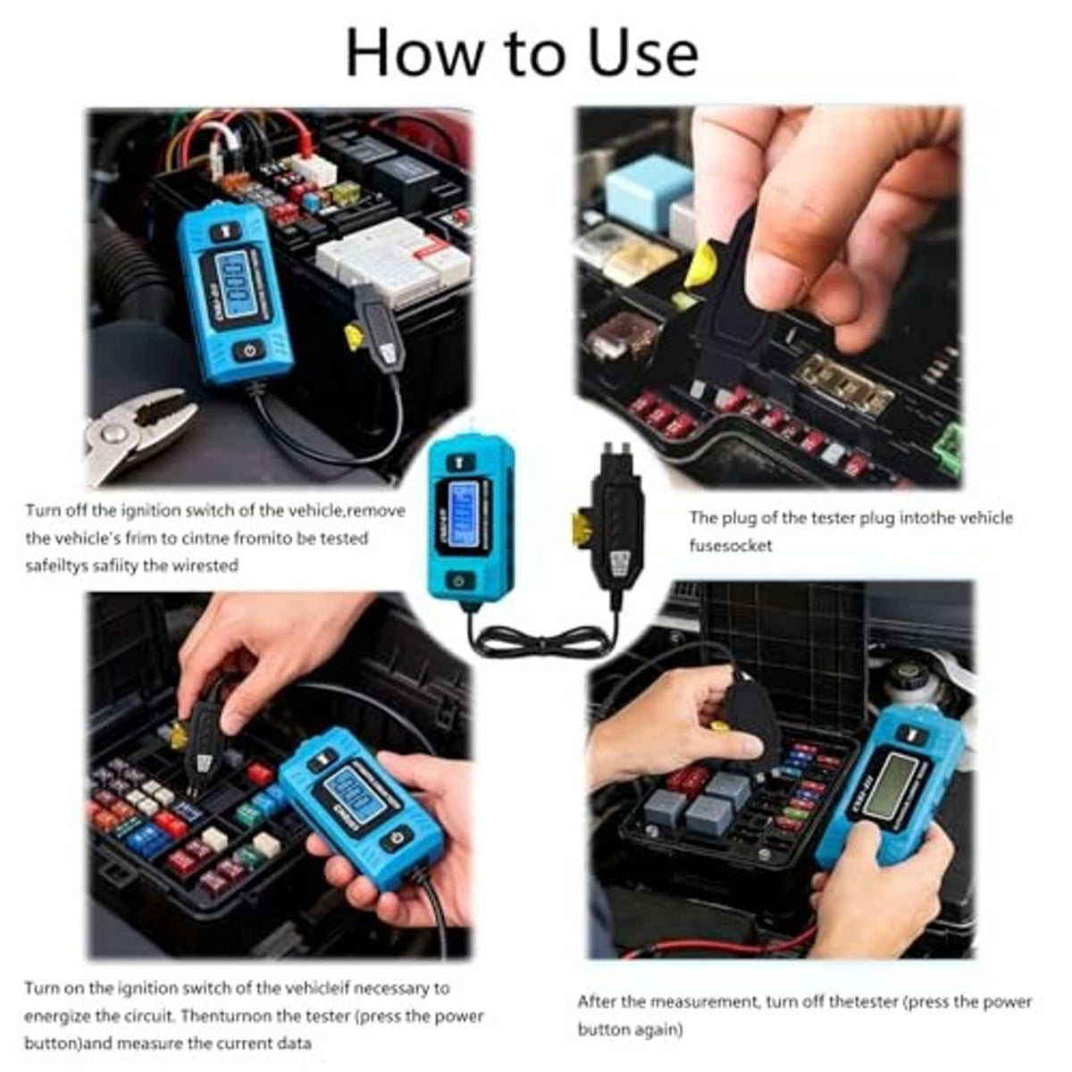 Blue automotive current tester with LCD screen connected to vehicle fuse box during testing