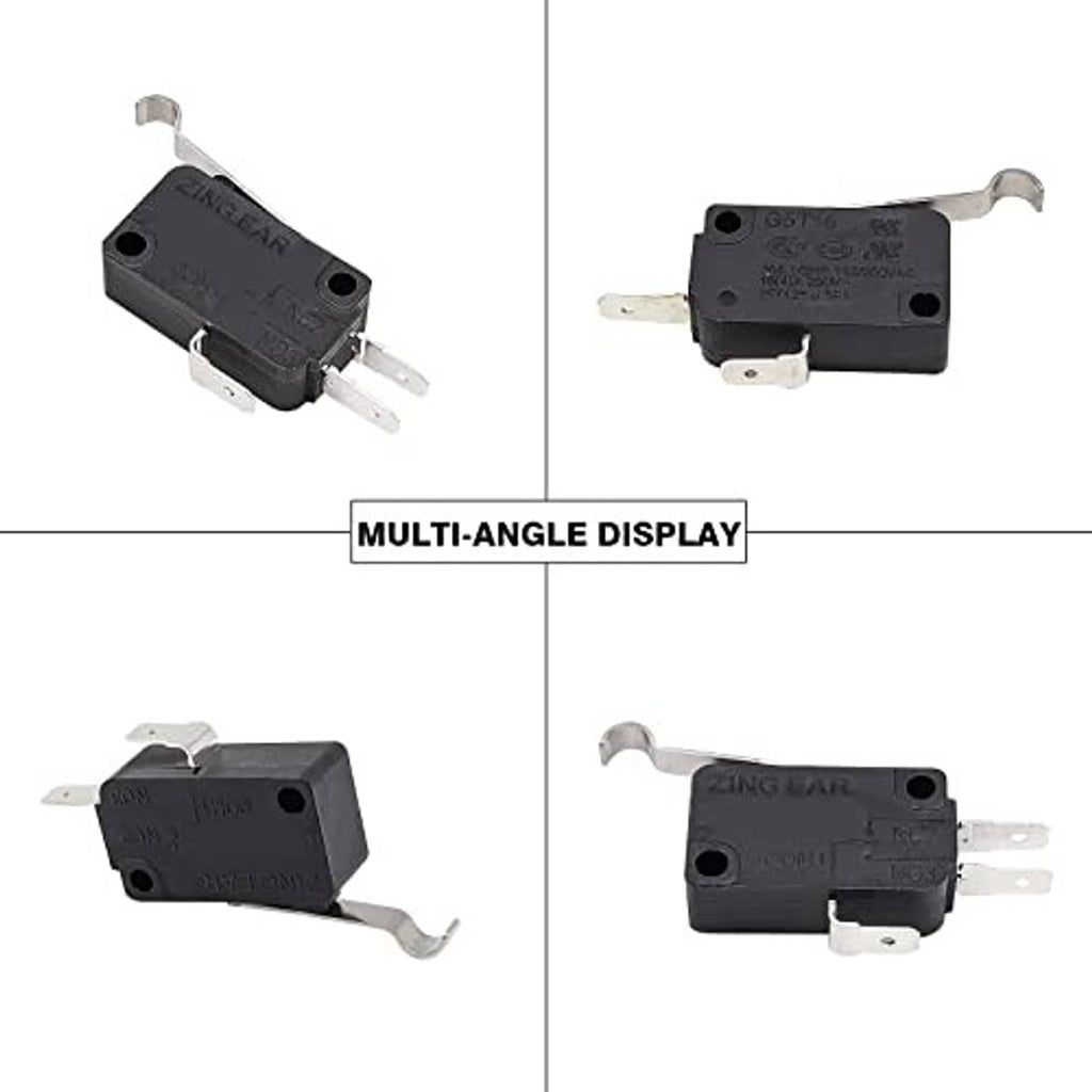 Set of black micro switches with mounting tabs, shown from multiple angles