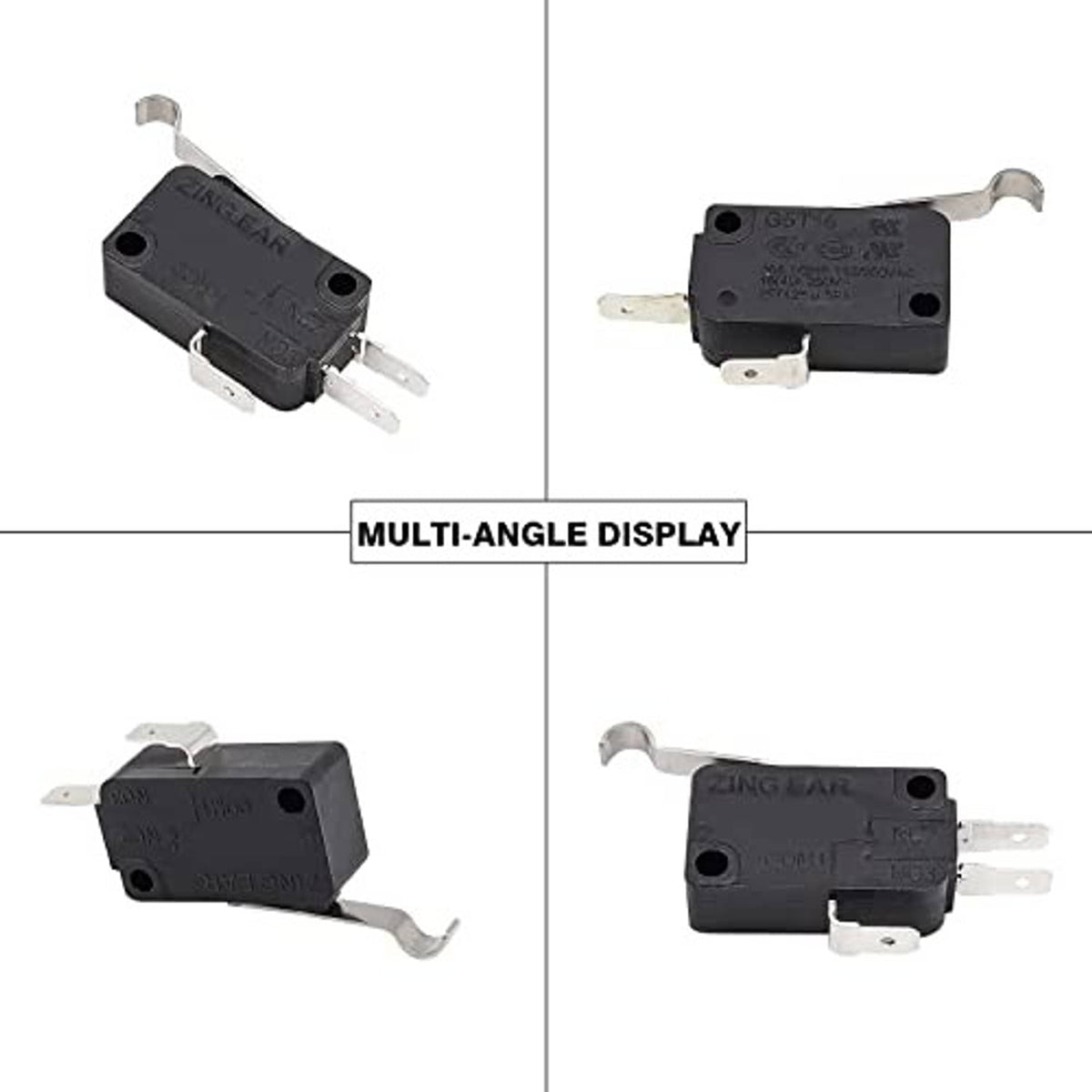 Set of black micro switches with mounting tabs, shown from multiple angles