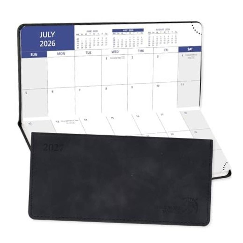 Folded pocket planner open to July 2026 monthly calendar with black cover