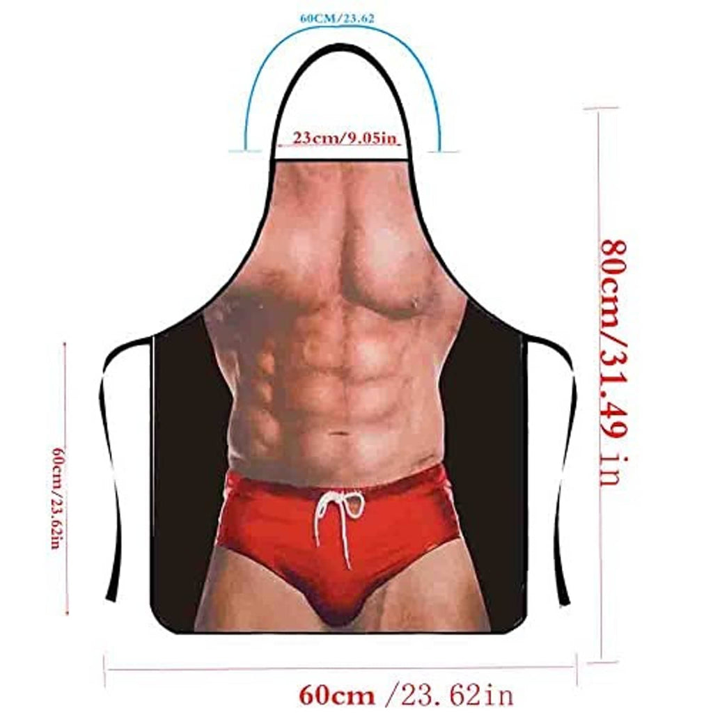 Novelty bib apron with red shorts torso print and black side panels