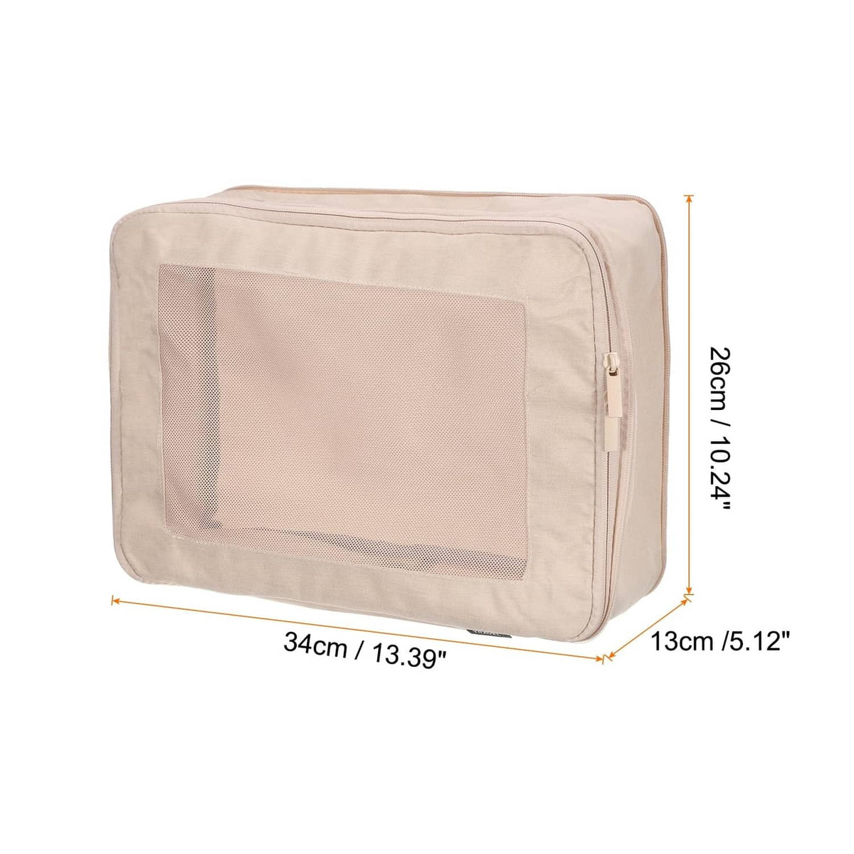 Beige compression packing cube with mesh panel and front zip, 34x26x13 cm
