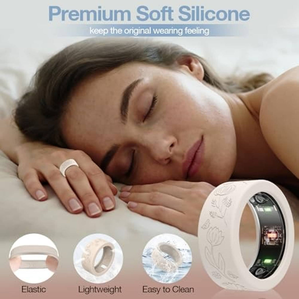 White floral engraved silicone ring cover on finger, soft sleep-ready fit