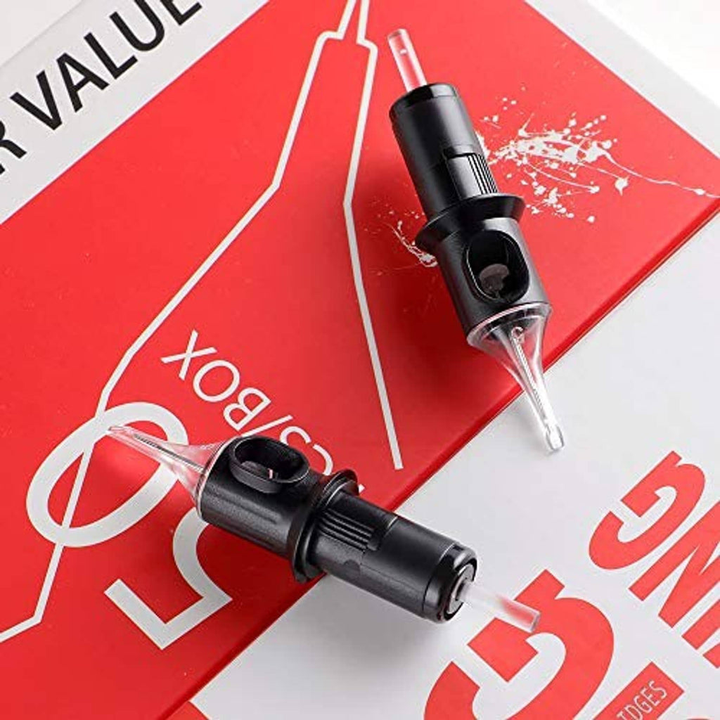 Disposable tattoo cartridge needles with black holders and exposed needle tips