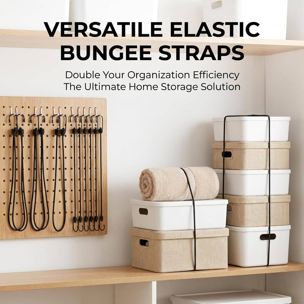 Black elastic bungee straps with metal hooks for home organization, hang-ready