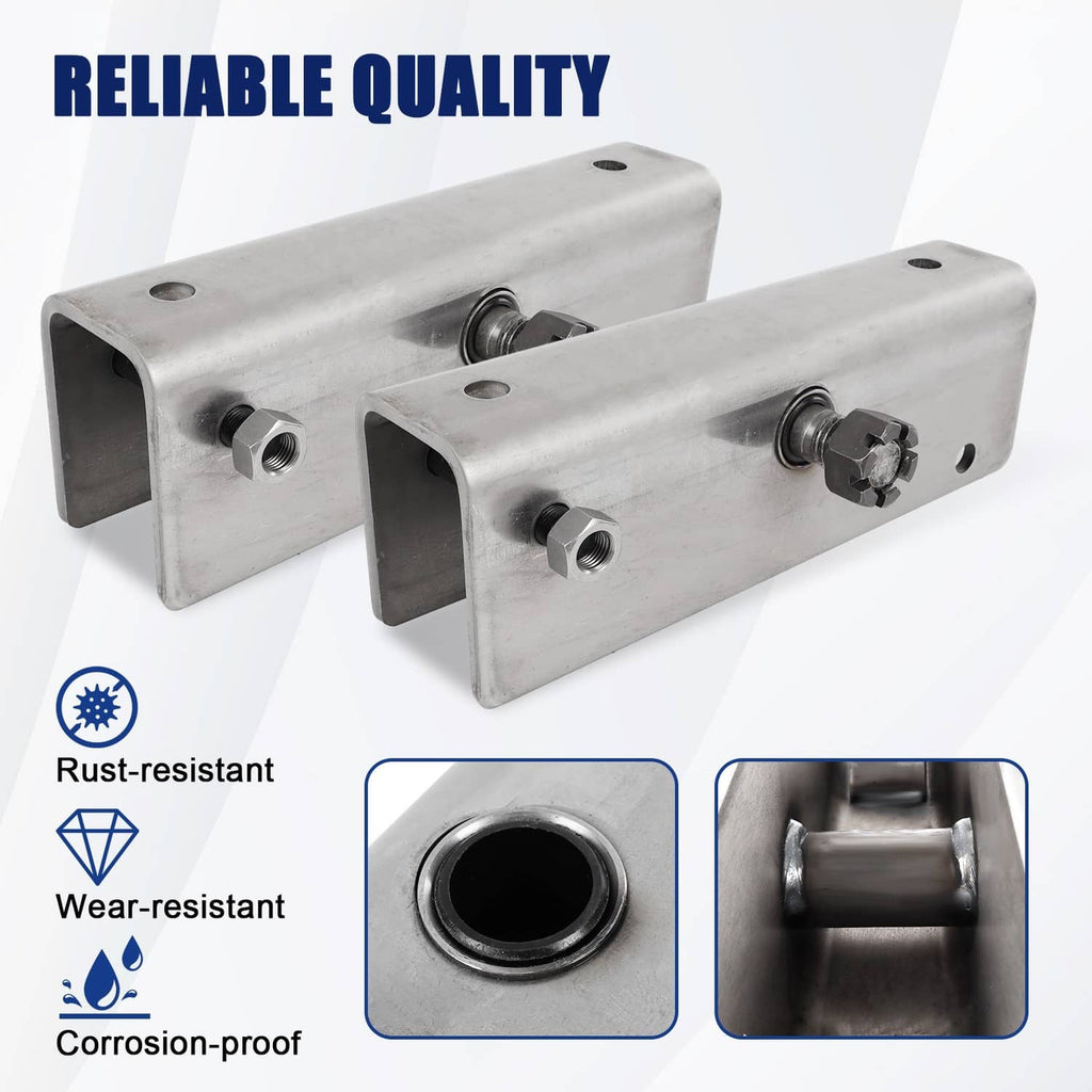 Pair of silver metal equalizer brackets with mounting holes and bushing housing inserts