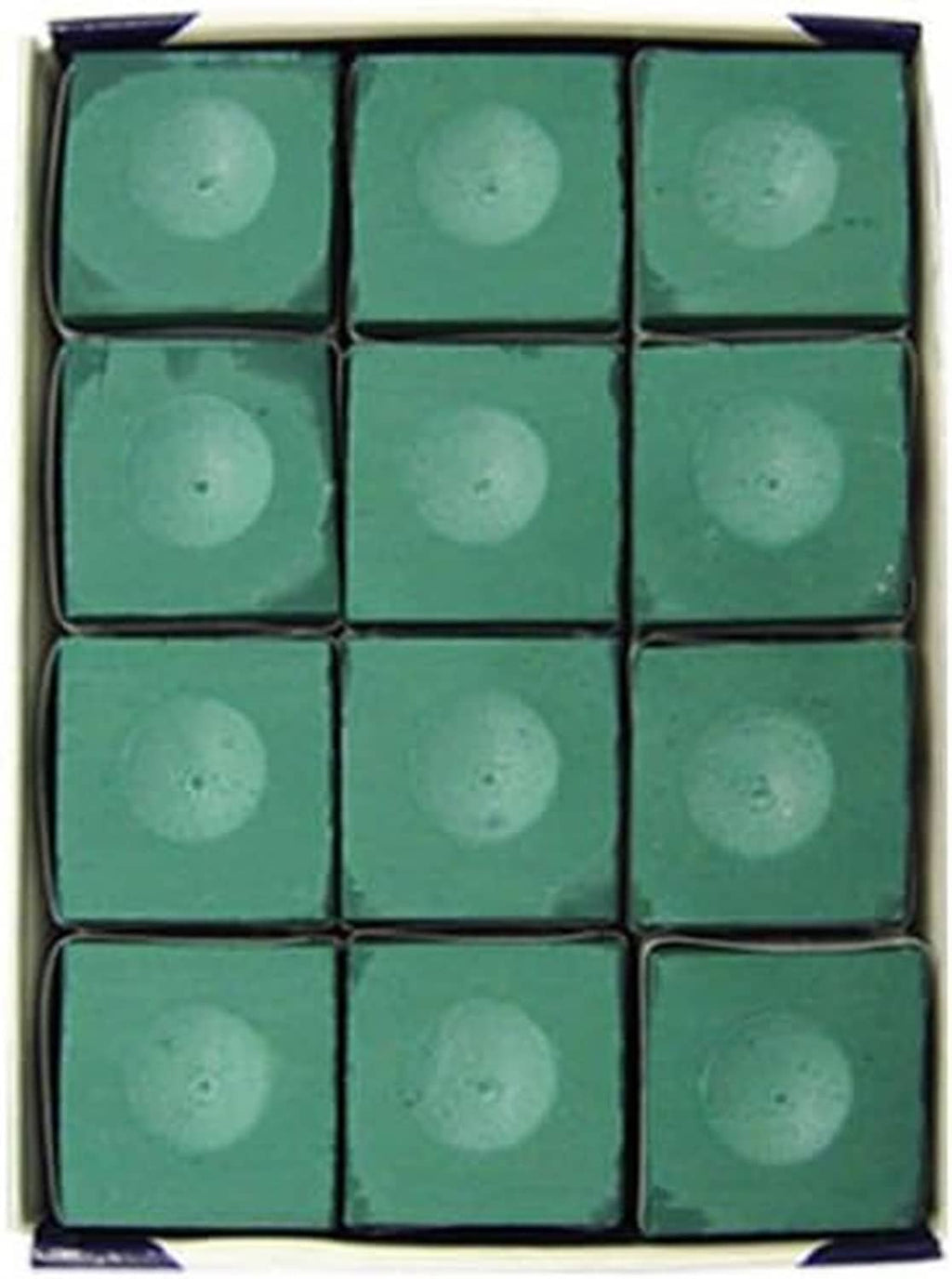 Twelve green billiard chalk blocks arranged in a box tray