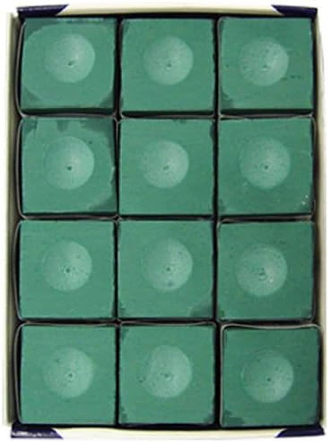 Twelve green billiard chalk blocks arranged in a box tray