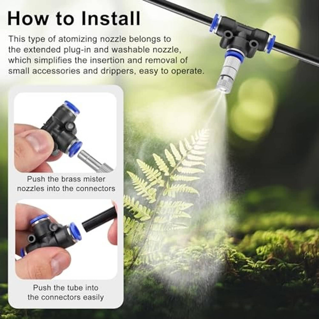 Brass misting nozzle installation view: push-in nozzle onto tubing connectors with tool-free fit