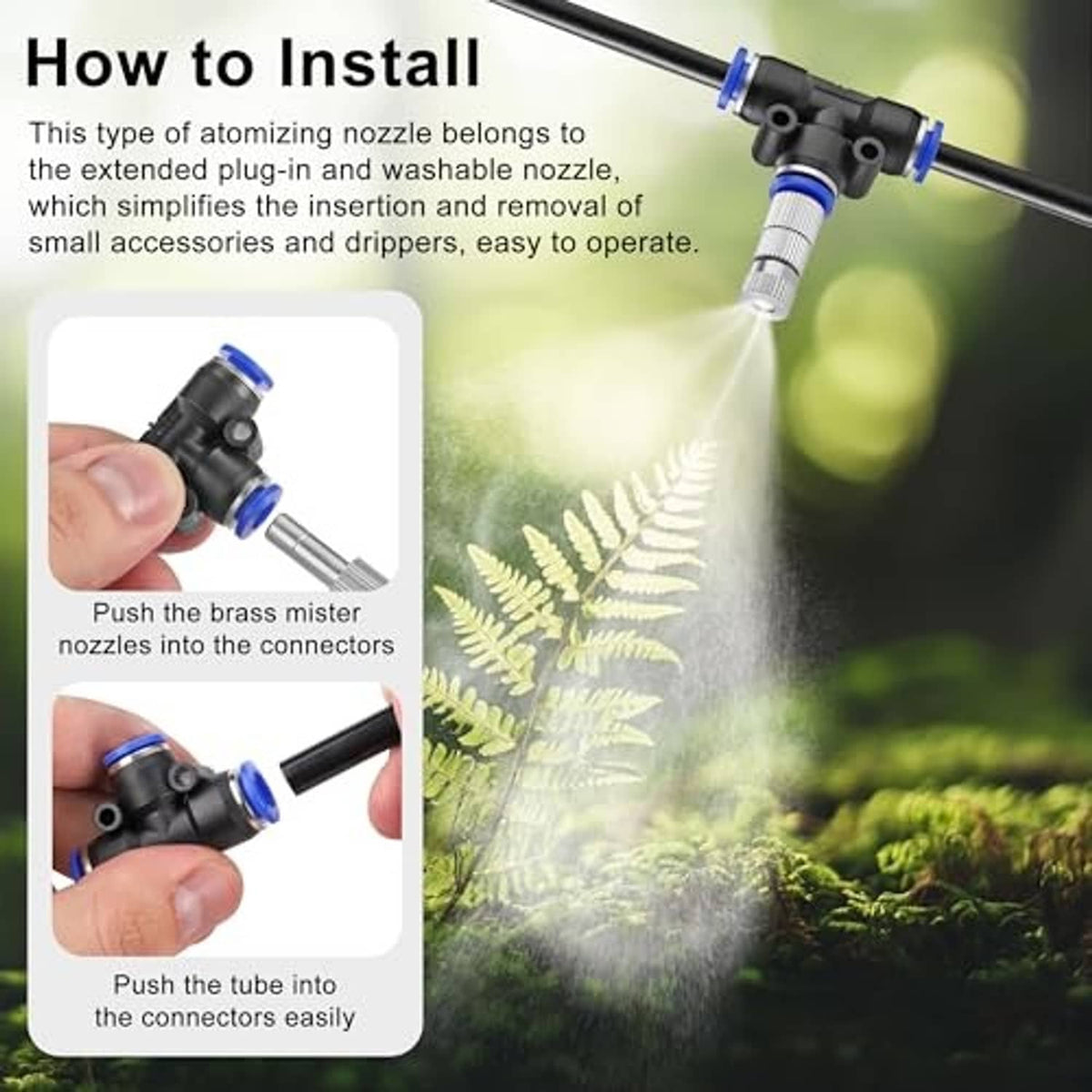 Brass misting nozzle installation view: push-in nozzle onto tubing connectors with tool-free fit