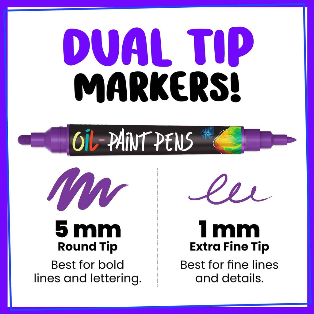 Dual-tip oil paint marker showing extra-fine tip and round tip ends side by side.