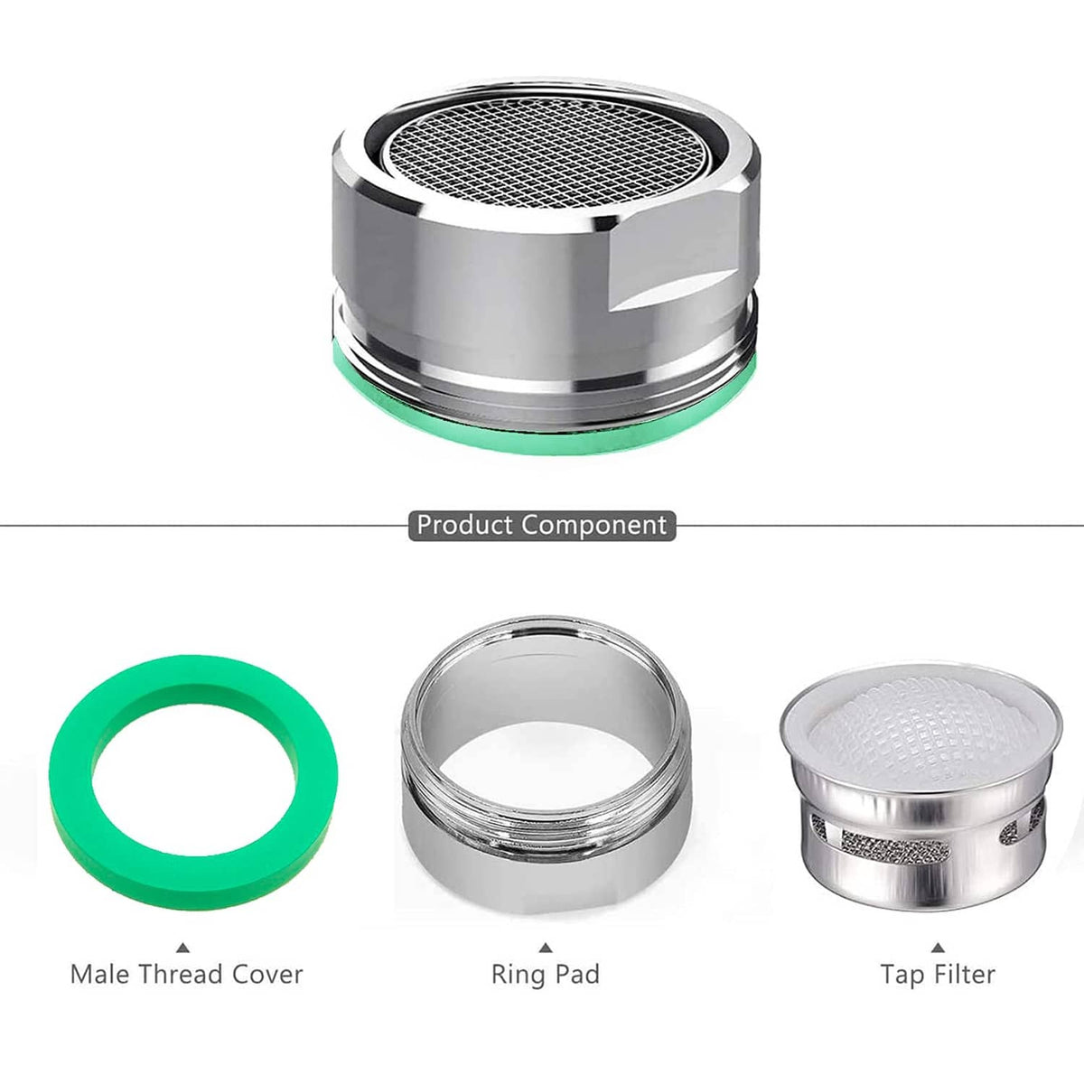 Faucet aerator components: silver tap filter, ring pad, and green male thread cover