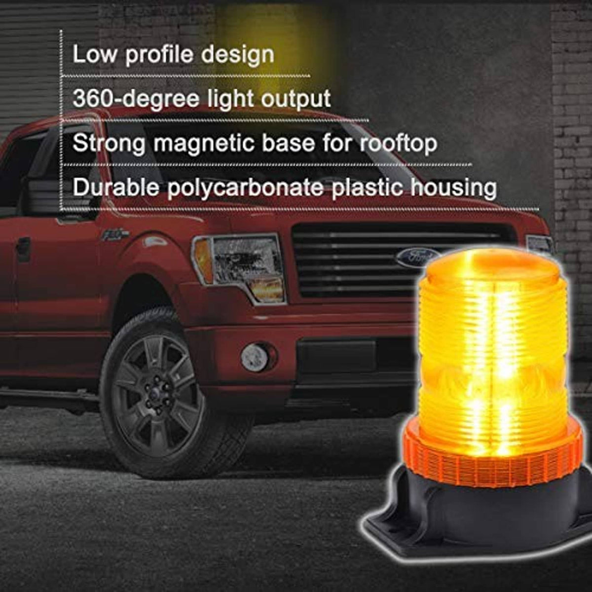 Amber LED strobe light with low-profile black housing and magnetic base