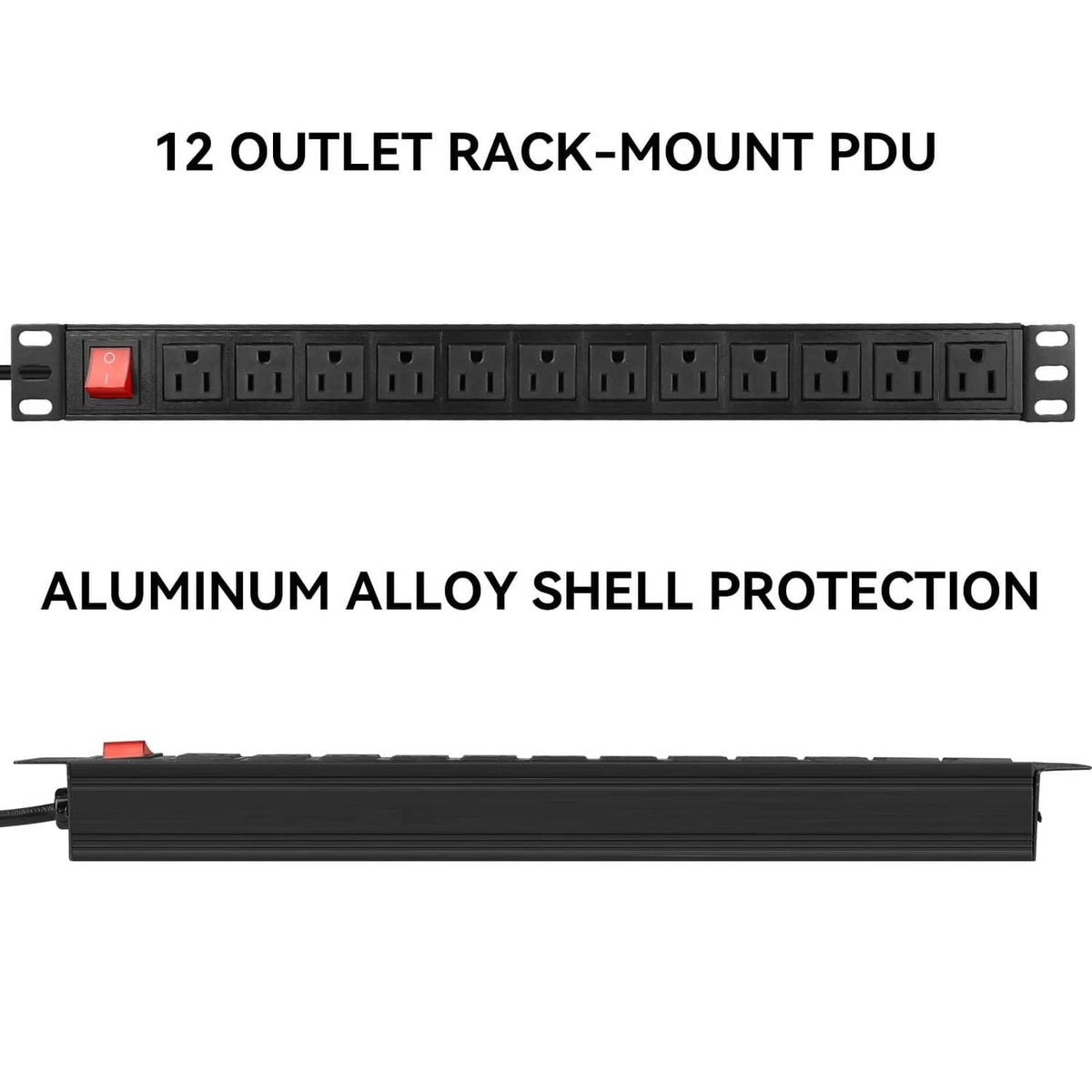 Black 12-outlet rack-mount PDU with red rocker switch and metal housing